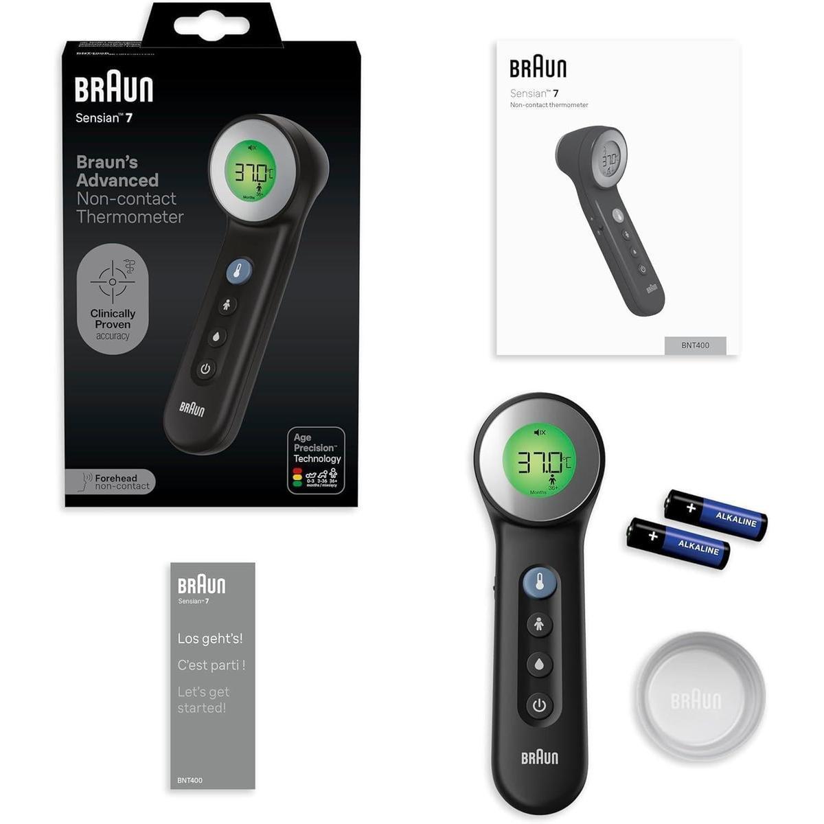 Braun Sensian 7 black non-contact forehead thermometer with digital display, batteries, and packaging box.
