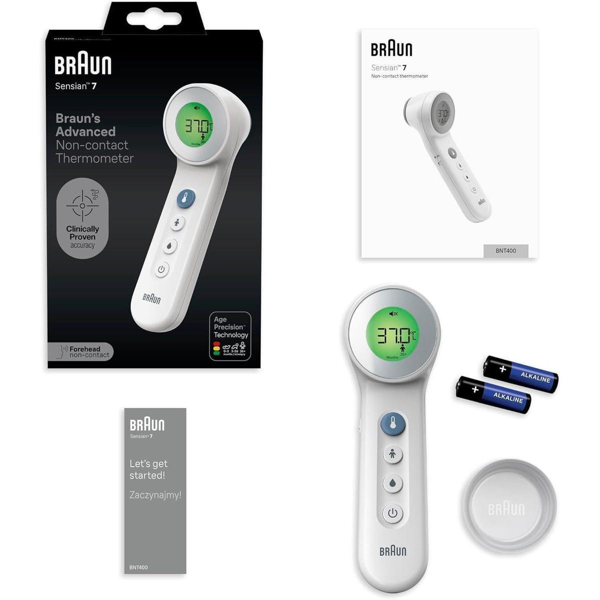 White Braun Sensian 7 non-contact forehead thermometer with digital display, control buttons, and included batteries in packaging.