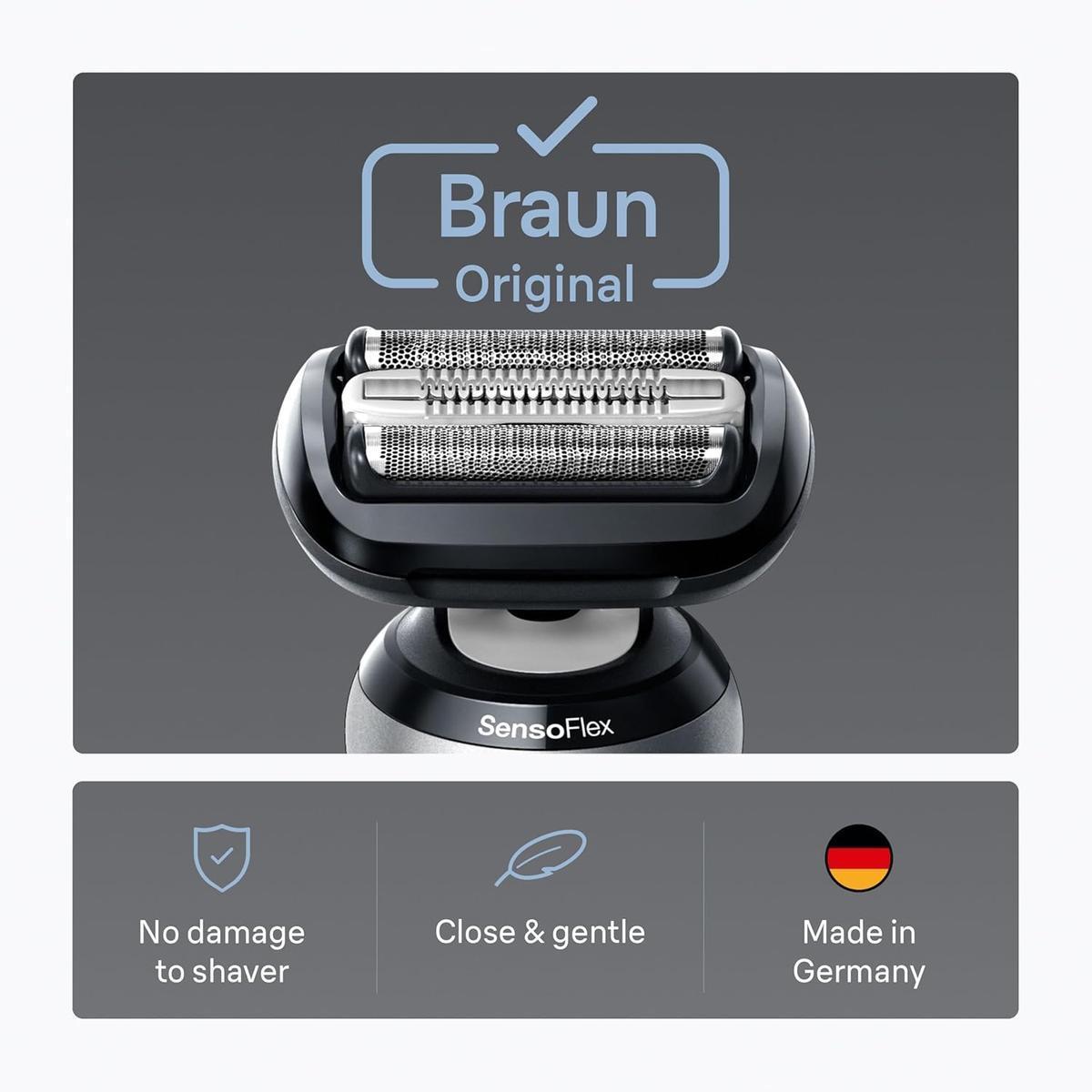 Black Braun Series 6 replacement shaver head with three flexible blades and SensoFlex technology on a gray background.
