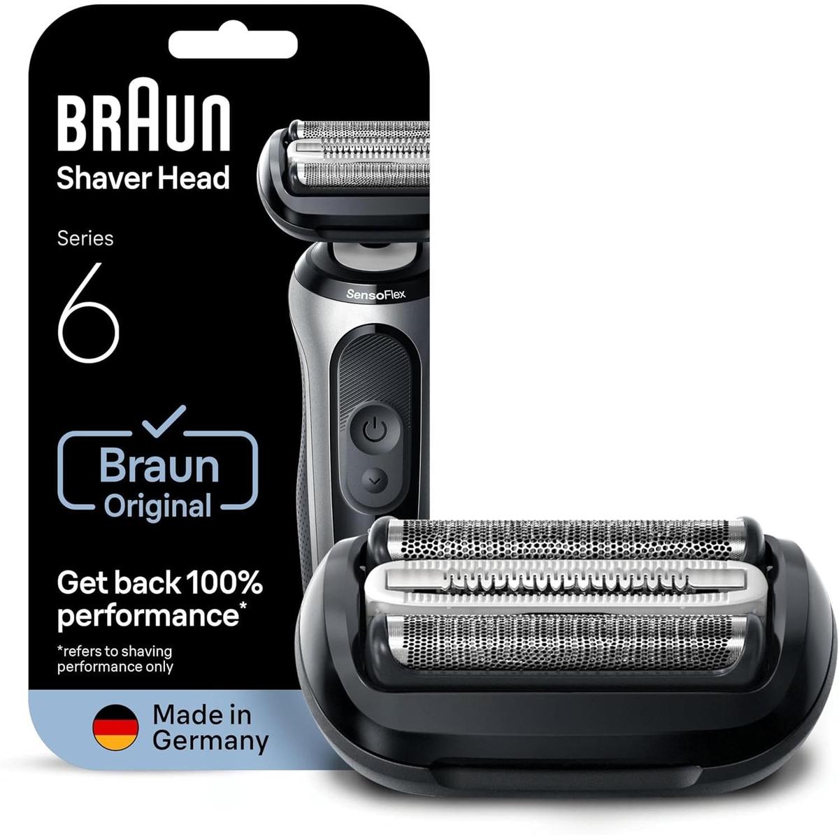 Braun Series 6 electric shaver replacement head in black, featuring three flexible blade elements and a durable foil design.