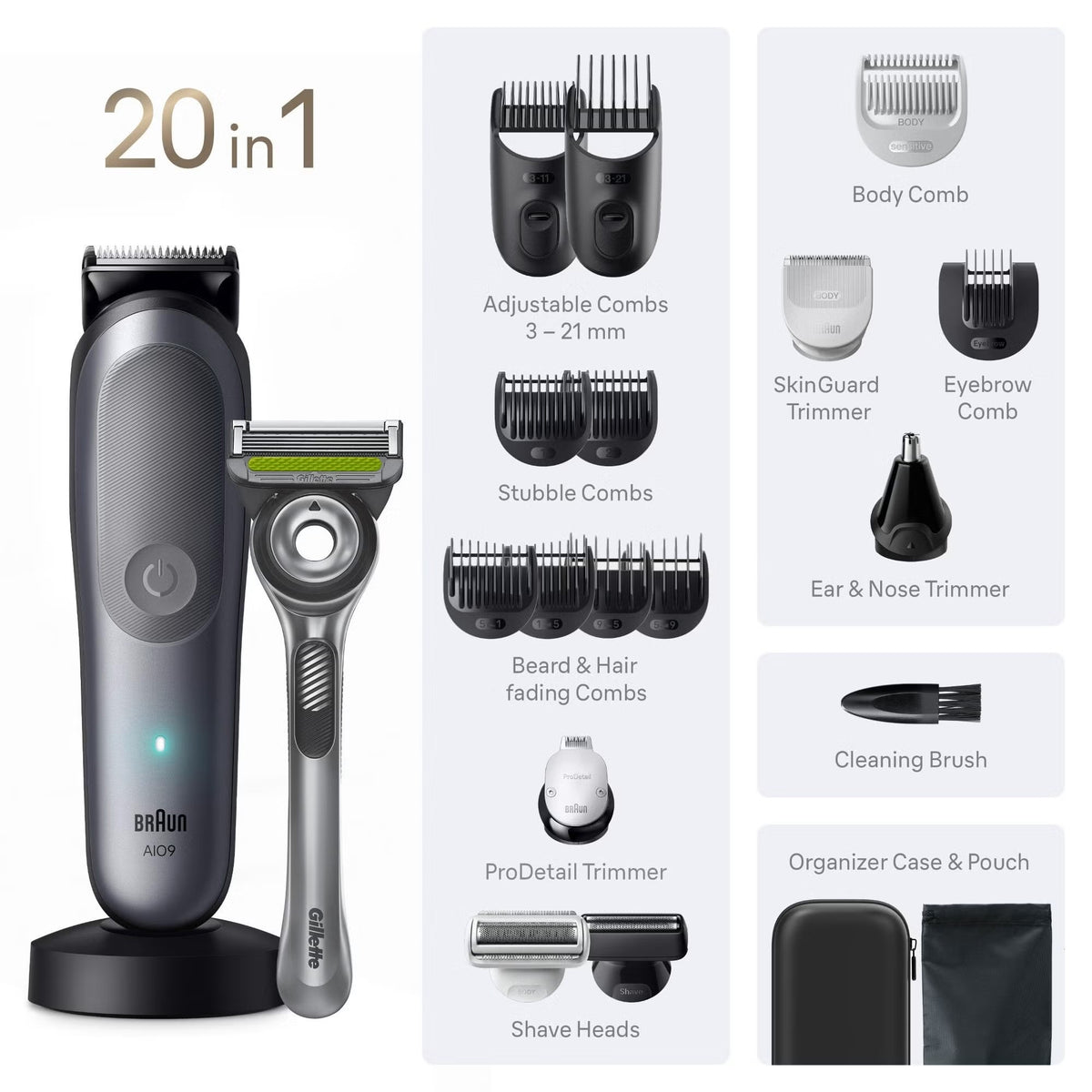 Braun All‑In‑One Trimmer Style Kit Series 9 AIO9540 20-in-1 Grooming Kit with 5 Attachments & Charging Stand, Grey