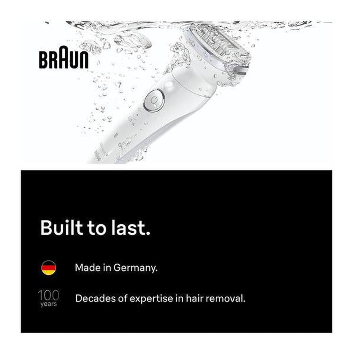 Silver Braun Silk-épil 9 Flex wet and dry epilator with a pivoting head submerged in water splashes.