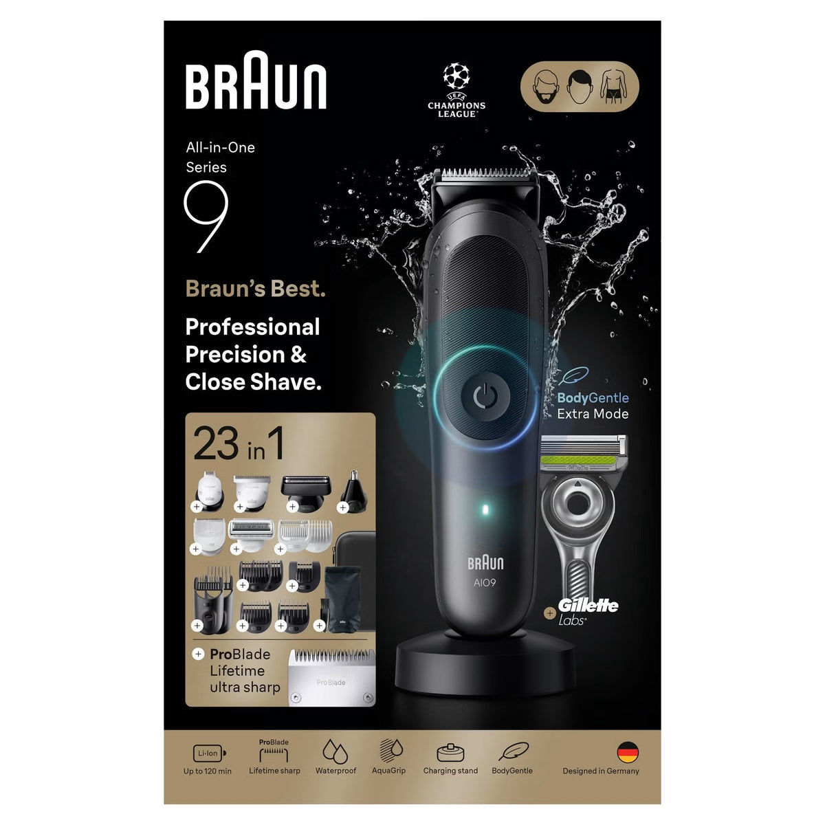 Braun All‑In‑One Trimmer Style Kit Series 9 AIO9560 23-in-1 Grooming Kit with 6 Attachments & Charging Stand, Grey