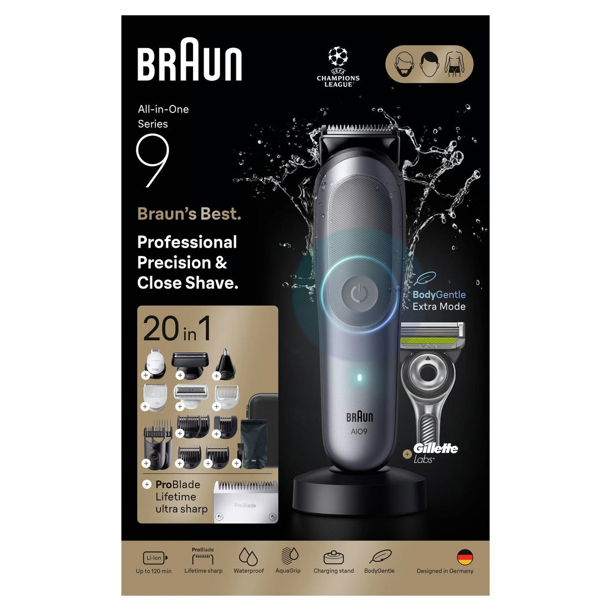 Braun All‑In‑One Trimmer Style Kit Series 9 AIO9540 20-in-1 Grooming Kit with 5 Attachments & Charging Stand, Grey