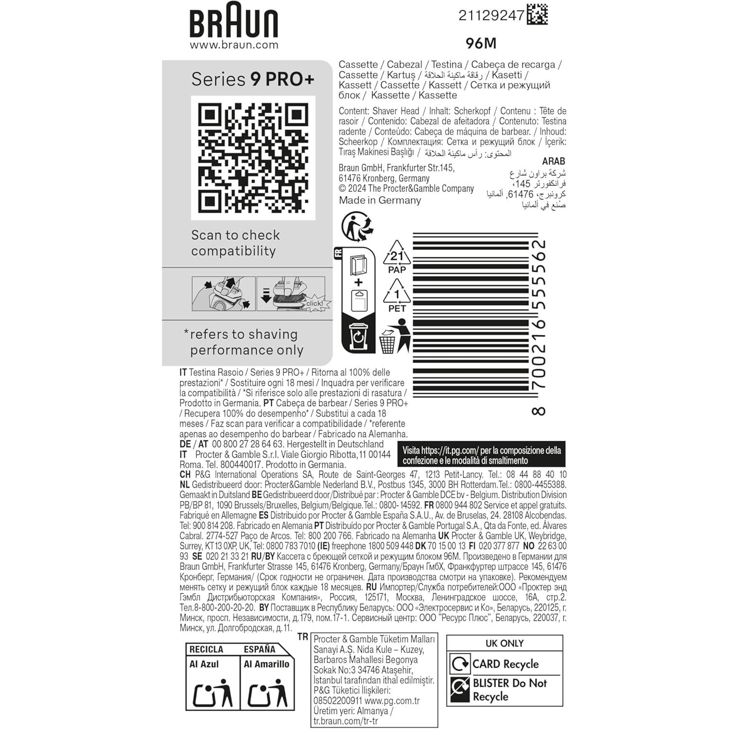 Braun 96M Series 9 PRO+ Electric Shaver Replacement Head,  Compatible With Series 9 Shavers - Made In Germany
