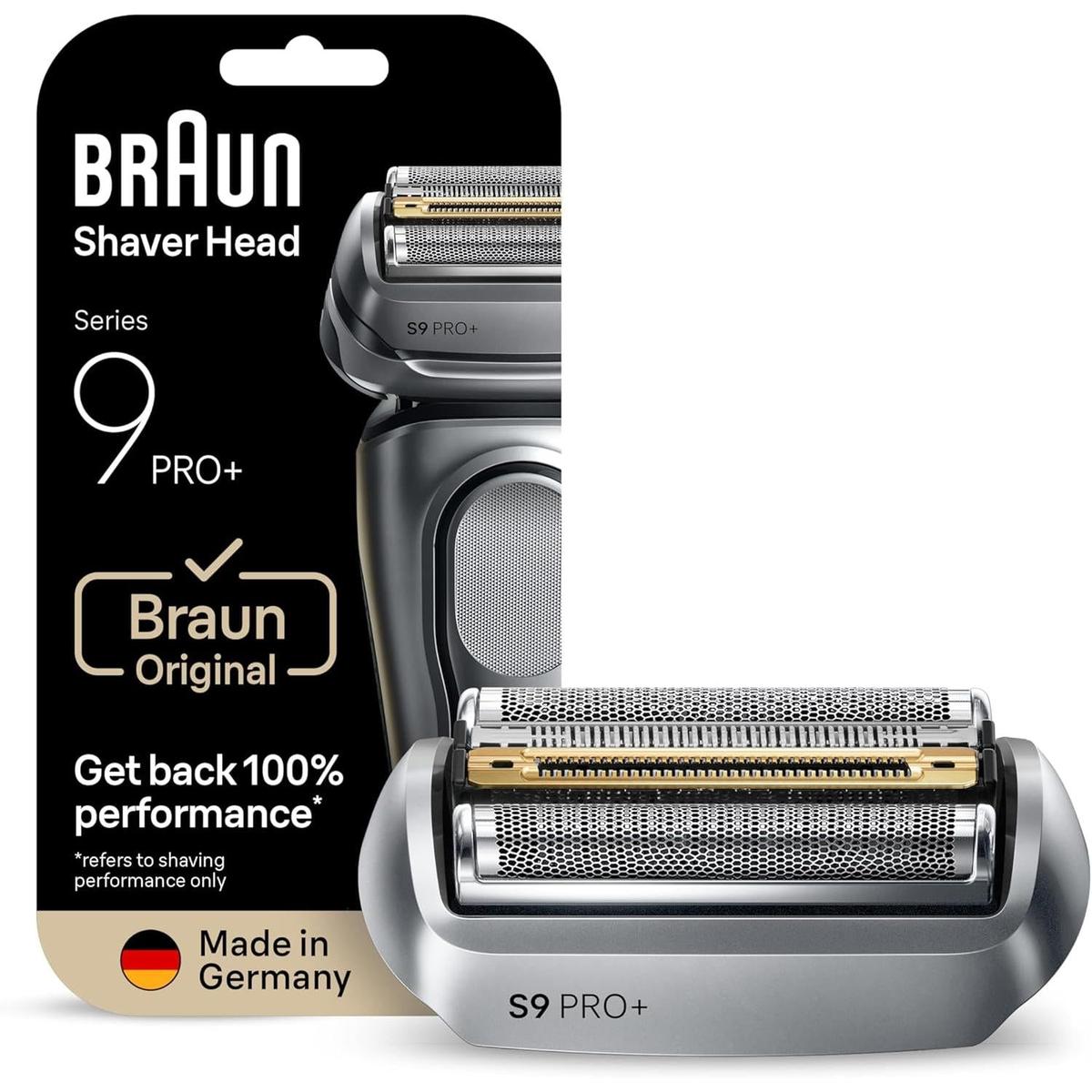 Braun Series 9 PRO+ silver electric shaver replacement head with gold-colored precision cutting elements in retail packaging.