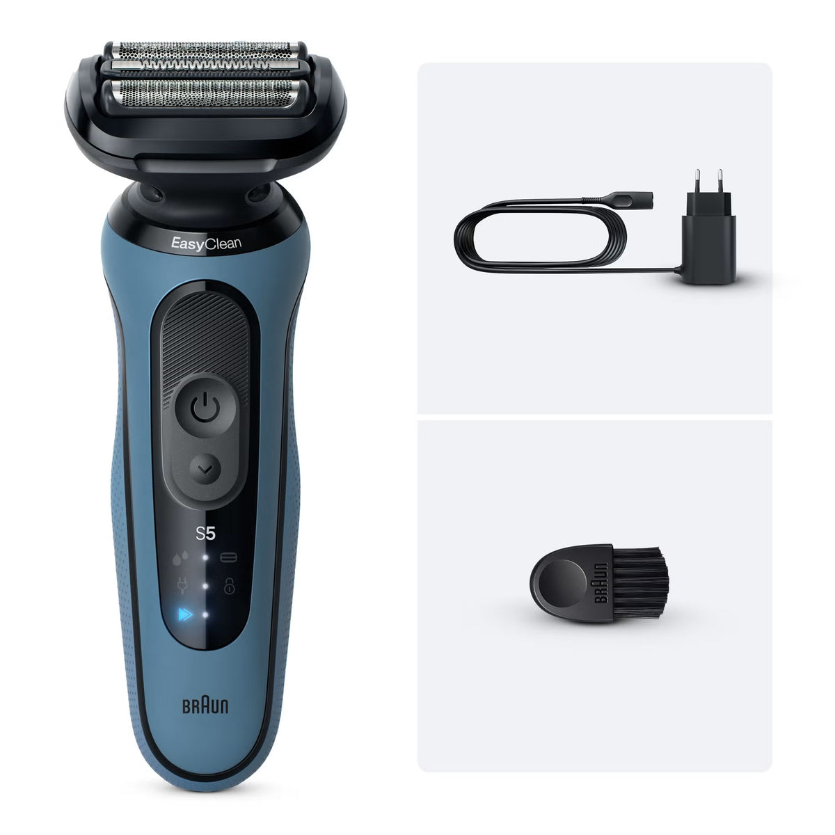 Azure Braun Series 5 electric shaver with 3 Flex blades, power cord, and cleaning brush on a white background.