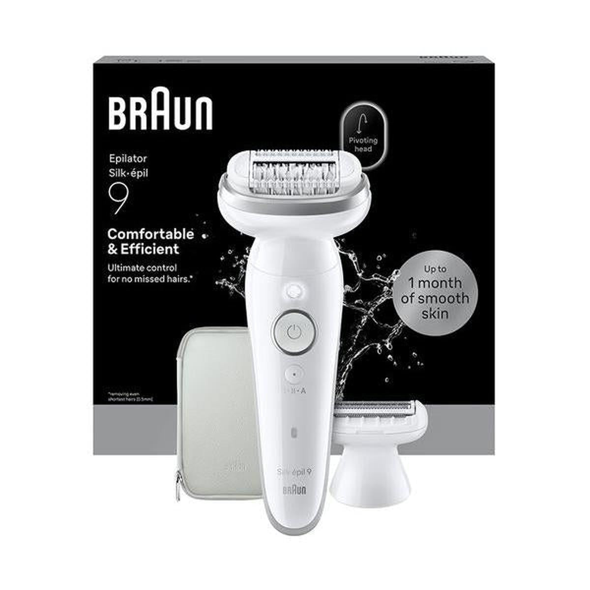 Braun Silk-épil 9 Flex silver cordless epilator with a pivoting head, accessories, and storage case in its retail box.