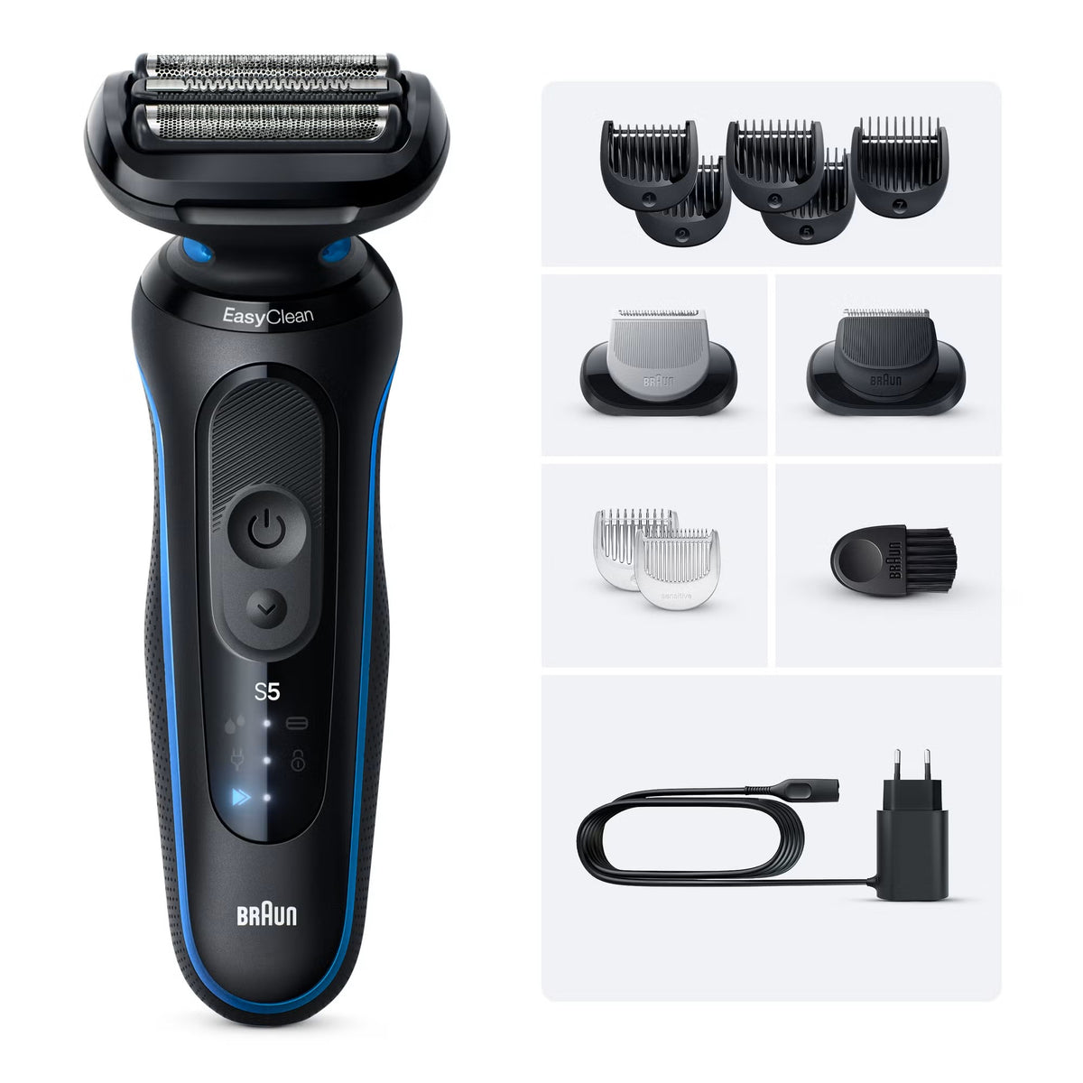 Braun Series 5 electric shaver in black and blue with 3 Flex blades, trimmer attachments, cleaning brush, and power cord.
