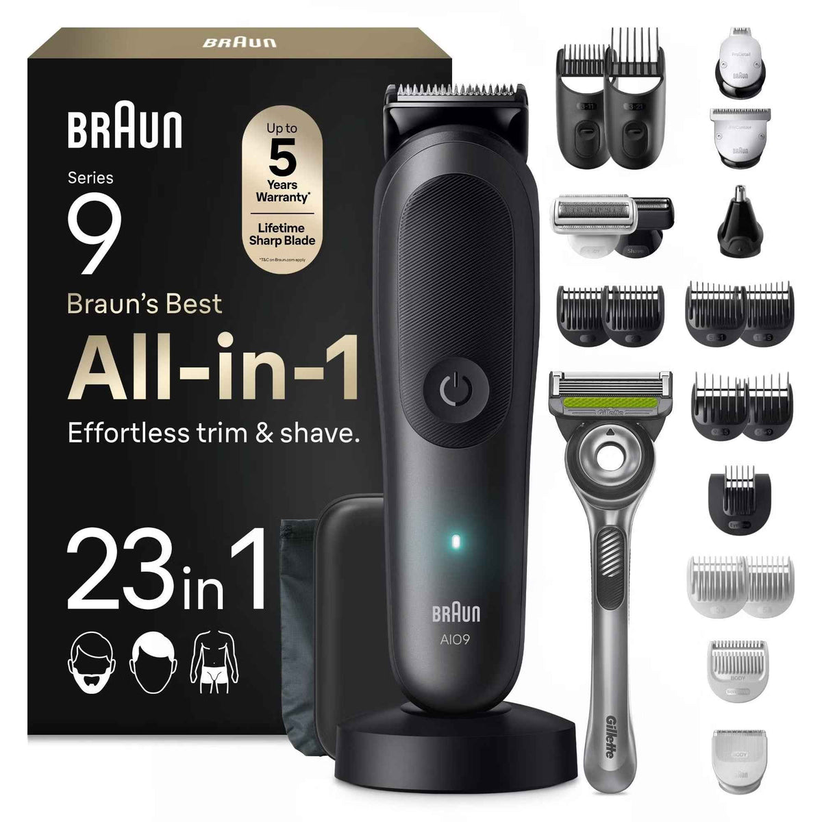 Braun All‑In‑One Trimmer Style Kit Series 9 AIO9560 23-in-1 Grooming Kit with 6 Attachments & Charging Stand, Grey