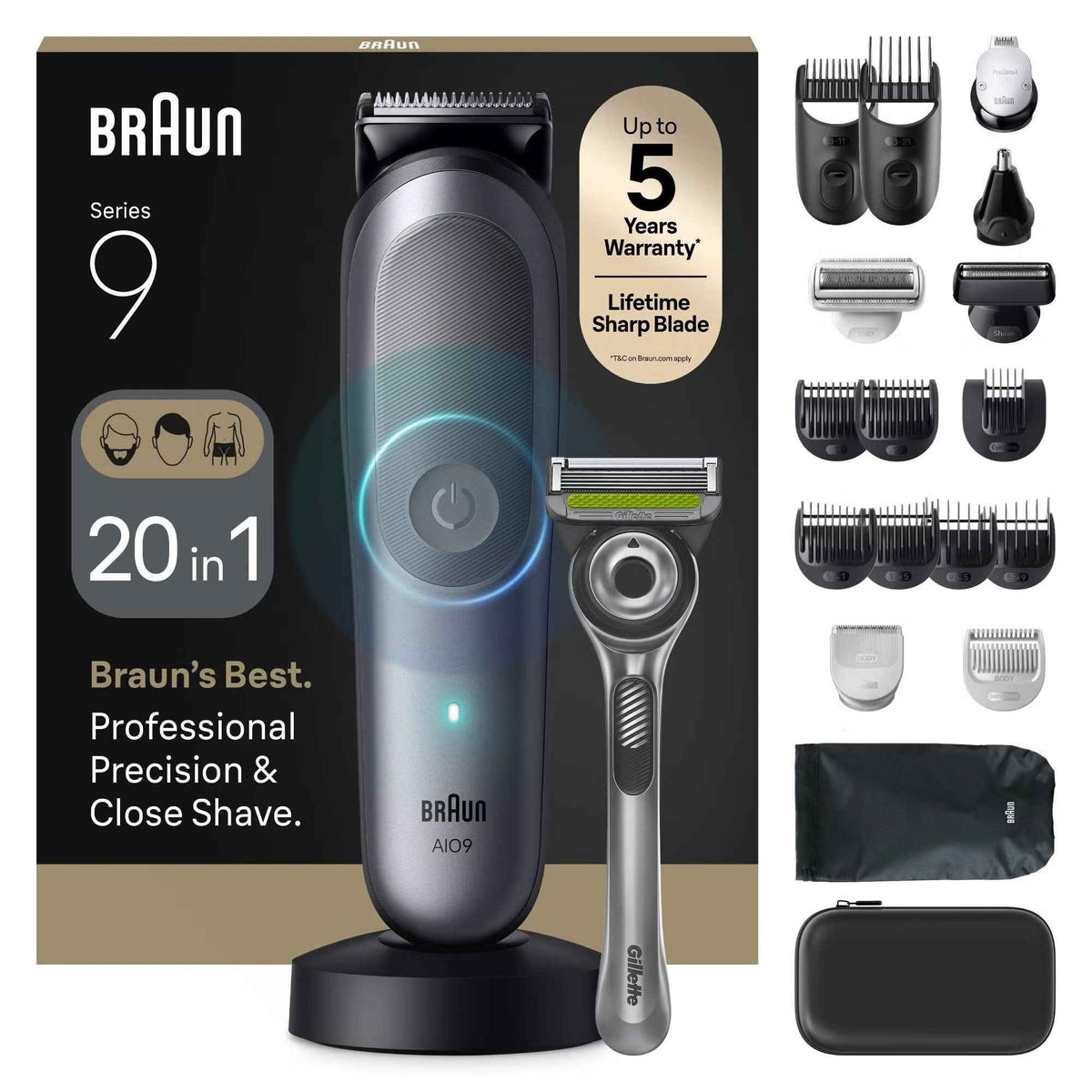 Braun All‑In‑One Trimmer Style Kit Series 9 AIO9540 20-in-1 Grooming Kit with 5 Attachments & Charging Stand, Grey