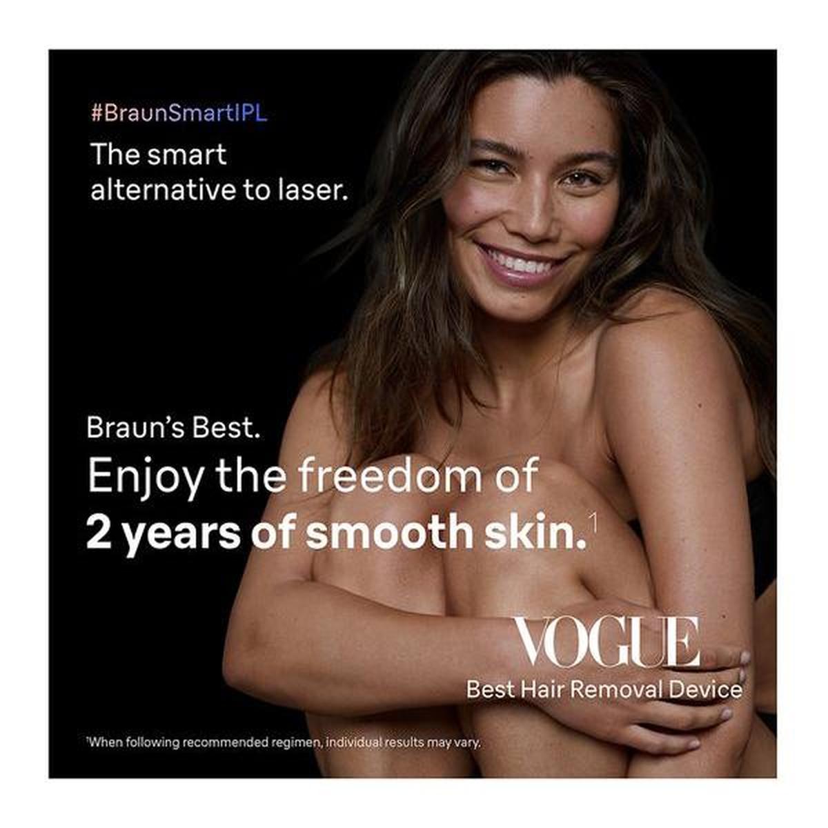 Smiling woman promoting the Braun Skin i-expert IPL hair removal system with Vogue endorsement text.