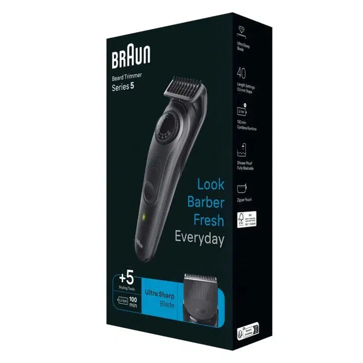 Braun Beard Trimmer 5 BT5420 With Precision Wheel, 5 styling tools, 100min runtime, black