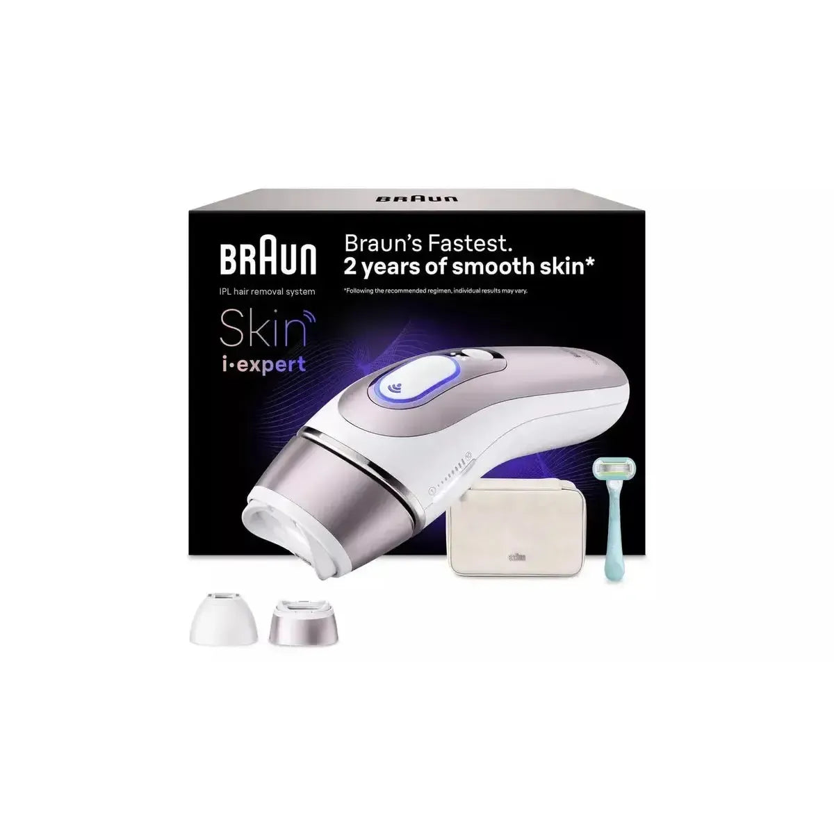 Braun Skin i-expert IPL device in white and metallic, with two attachment heads, a storage pouch, and a Venus razor.