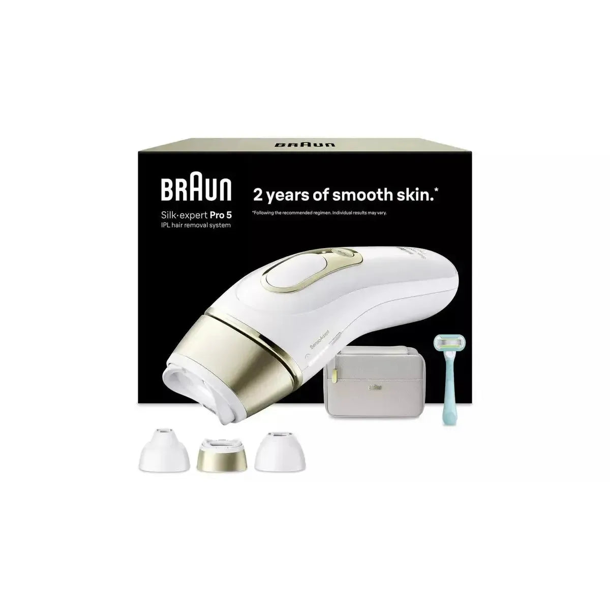 Braun Silk-expert Pro 5 white and gold IPL device with three attachments, storage pouch, and Venus razor in box.