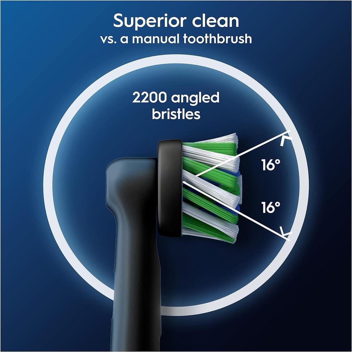 Black Oral-B Cross Action toothbrush head featuring 16-degree angled green and white bristles for deep cleaning.