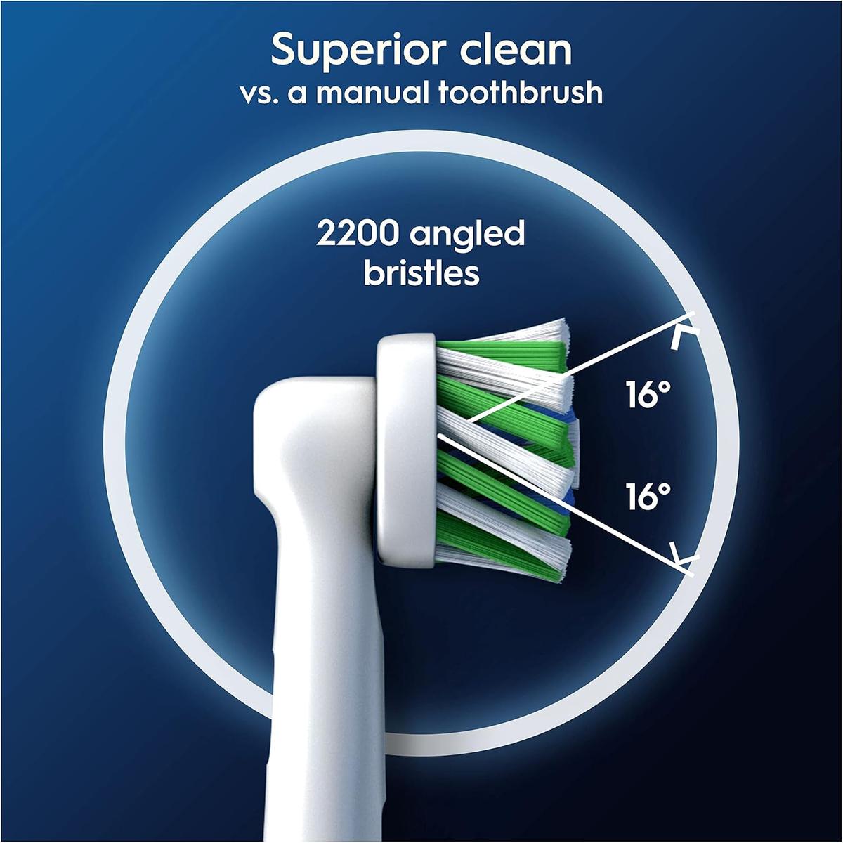 Oral-B Cross Action brush head with green and white X-shape bristles angled at 16 degrees for deep cleaning.