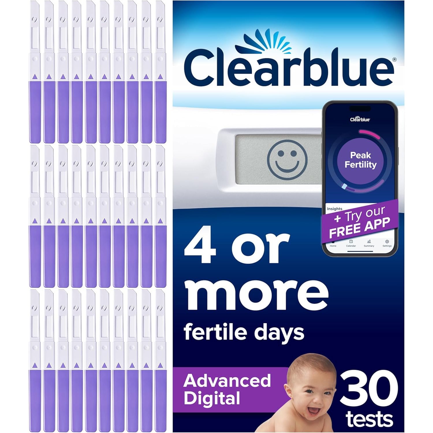 Clearblue Advanced Digital Ovulation Test Kit (OPK). Double Your Chances of Getting Pregnant, 1 Digital Holder and 30 Ovulation Tests, Try The Free Clearblue Period & Cycle Tracker App