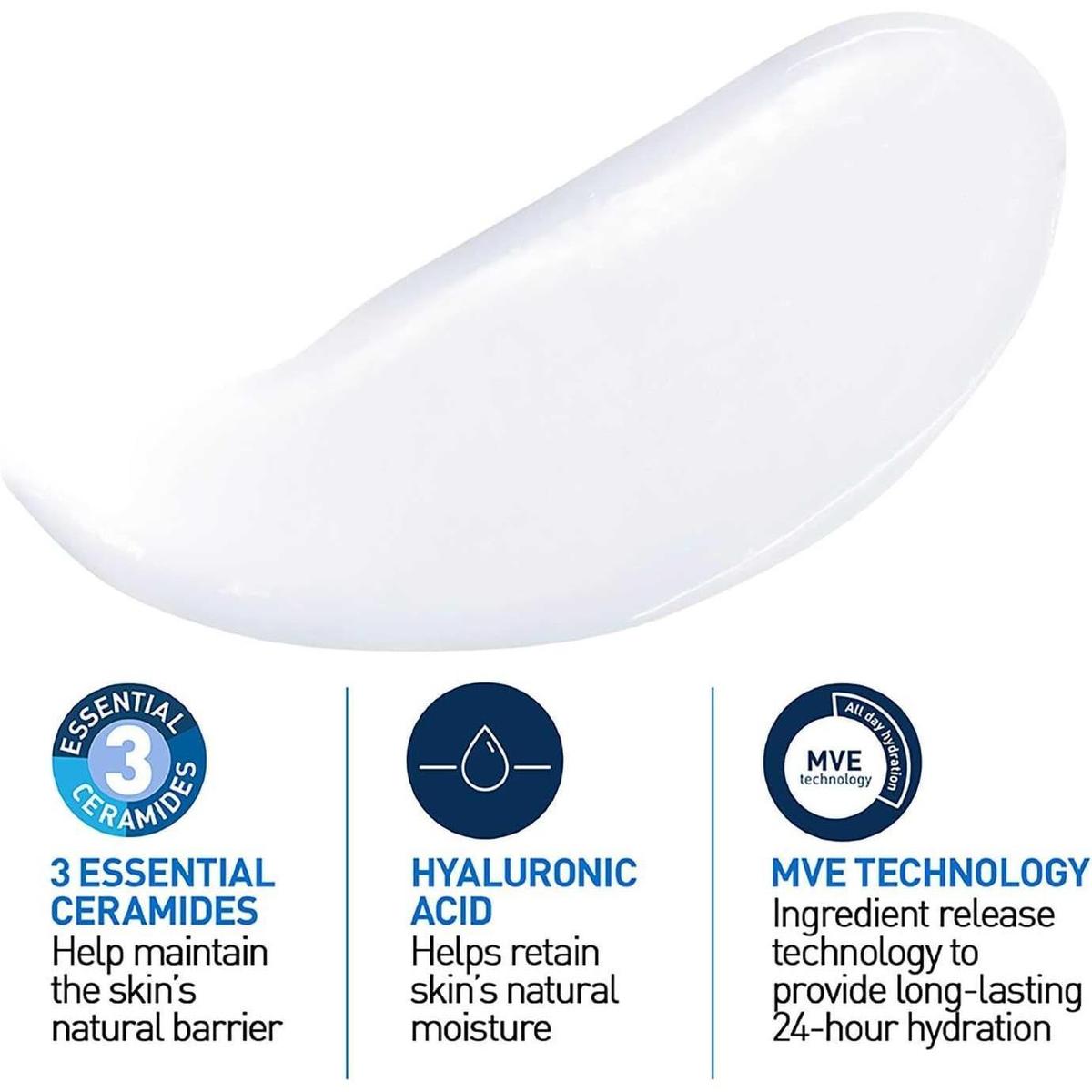 Smooth white CeraVe lotion texture with icons explaining 3 essential ceramides, hyaluronic acid, and MVE technology benefits.