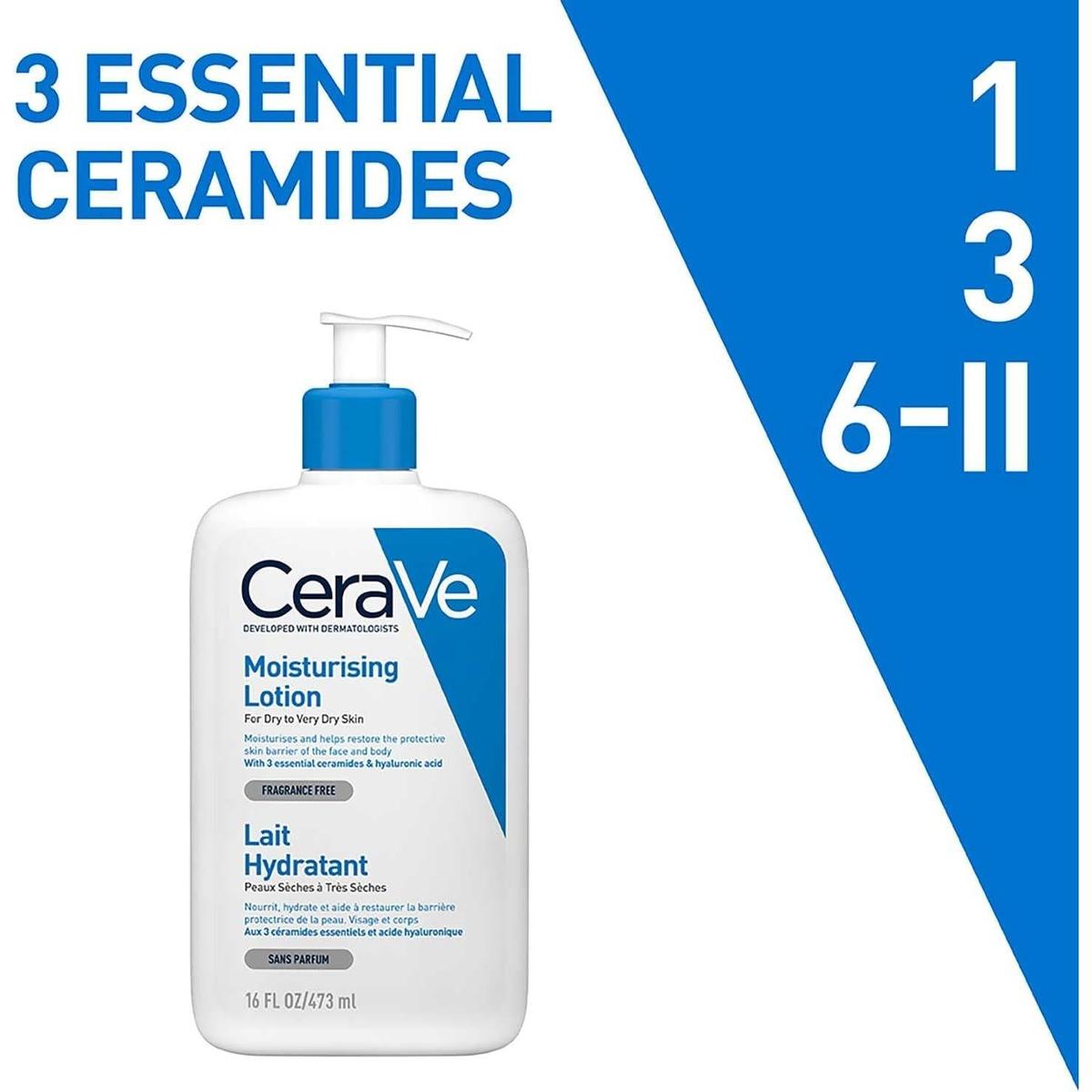 CeraVe Moisturising Lotion 473ml bottle with blue pump, featuring 3 essential ceramides and hyaluronic acid text.