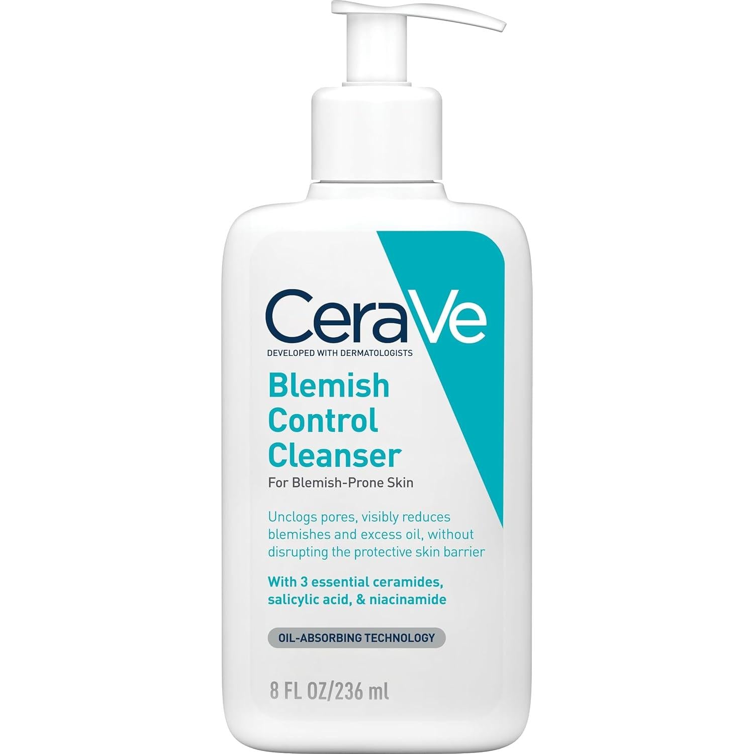 CeraVe Blemish Control Face Cleanser With 2% Salicylic Acid, Niacinamide, 3 Essential Ceramides, Hectorite Clay, Fragrance Free, 236ml