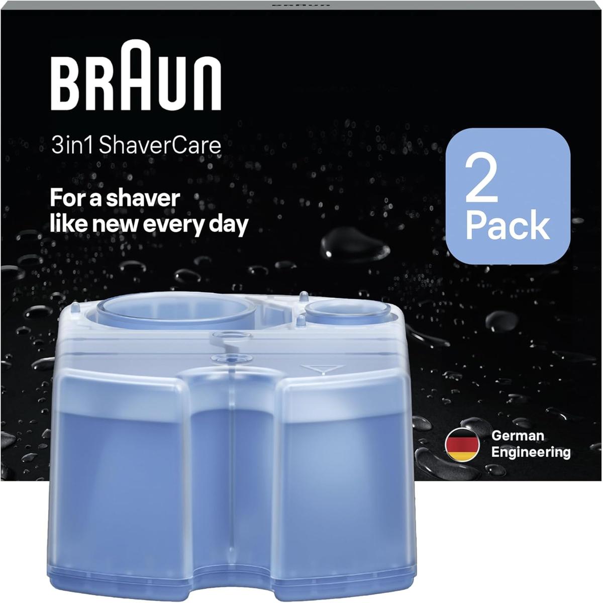 Two blue plastic Braun Clean and Renew refill cartridges in a black 2-pack box with German engineering branding.