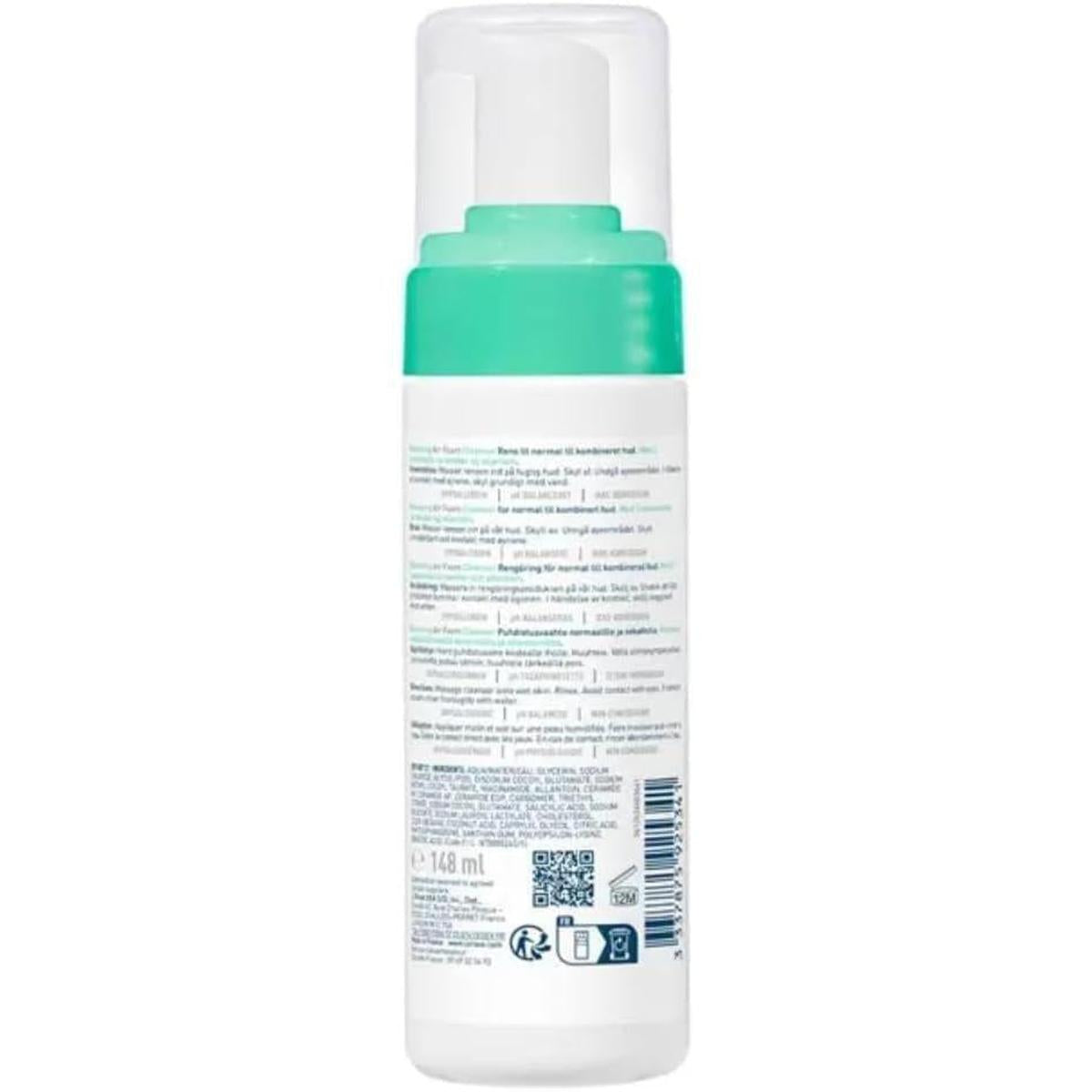 Back view of CeraVe Balancing Air Foam Cleanser 148ml bottle with a white pump, teal collar, and detailed product information.