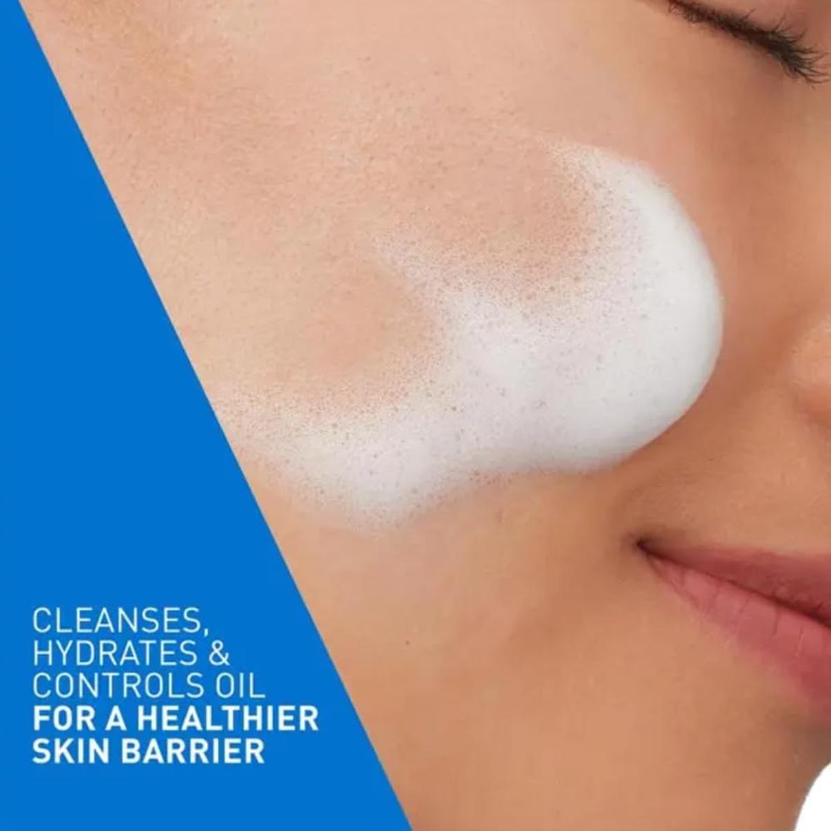 White airy foam applied to a cheek, demonstrating the gentle cleansing texture of CeraVe Balancing Air Foam Cleanser.
