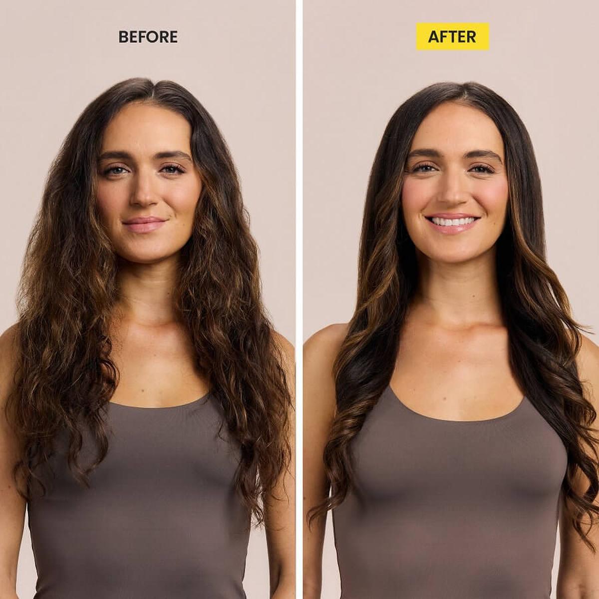 Woman showing before and after hair results using the Drybar Half Shot 3.8cm round blow-dryer brush for smooth, shiny waves.