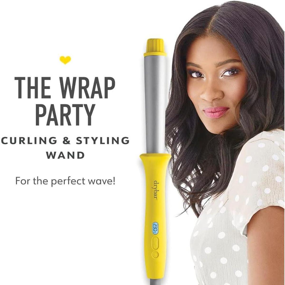 Drybar The Wrap Party yellow and silver curling wand with a digital display next to a woman with wavy hair.