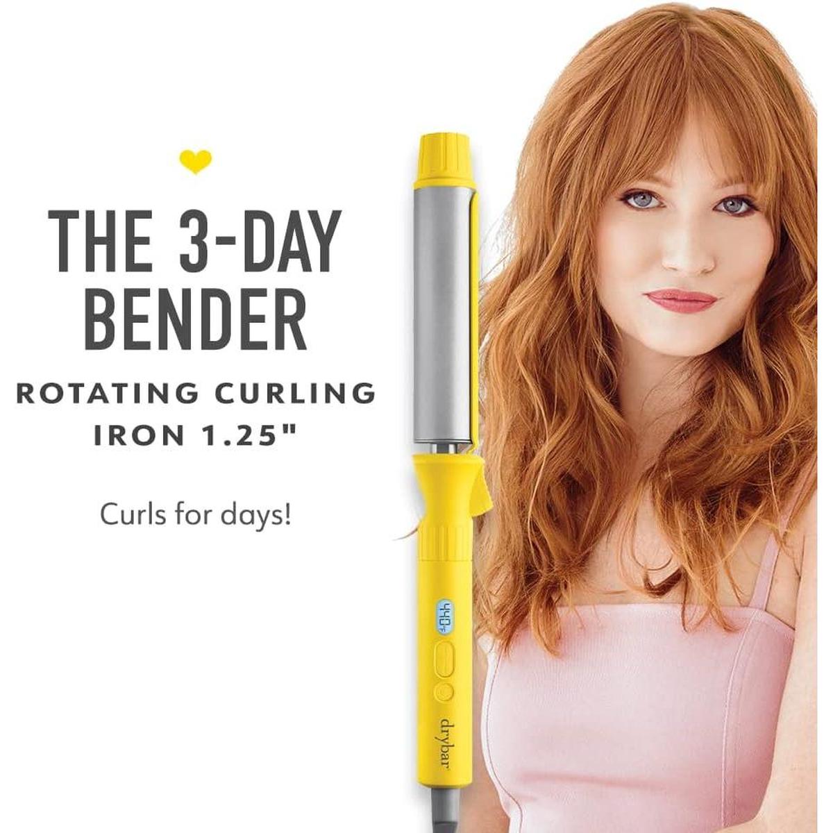 Drybar The 3-Day Bender 1.25-inch rotating curling iron with a yellow handle and digital display next to a woman with wavy hair.
