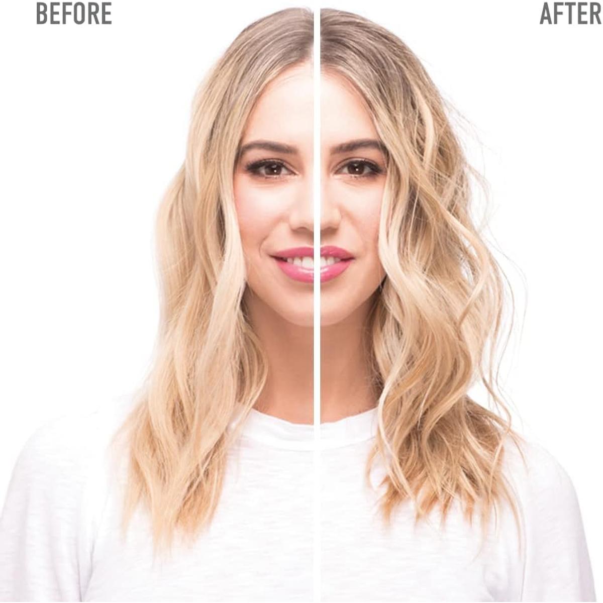 Split-screen comparison of blonde hair before and after styling with the Drybar 3.2cm digital curling iron for wavy results.