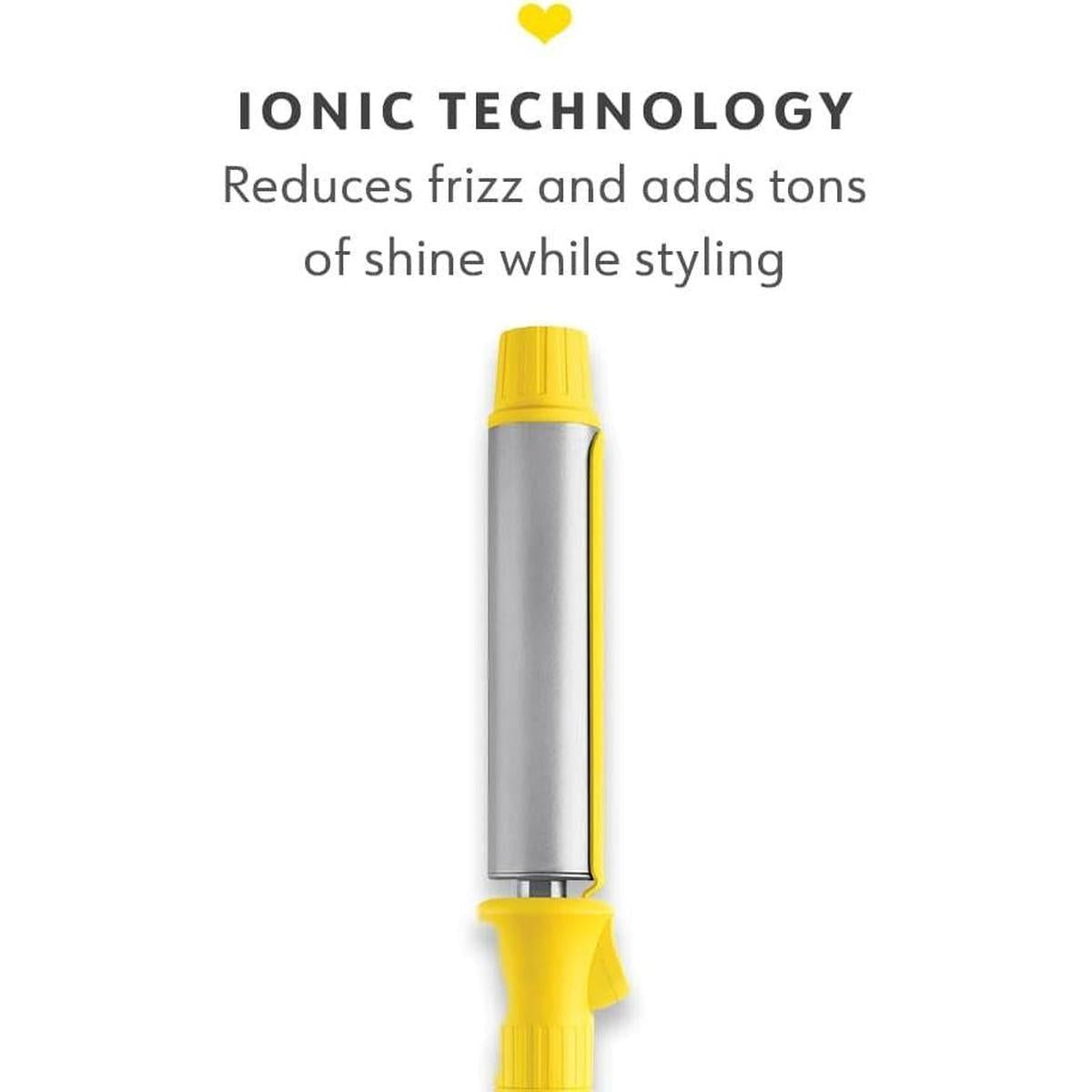 Drybar 3.2cm curling iron barrel with yellow accents and silver ionic technology heating surface.