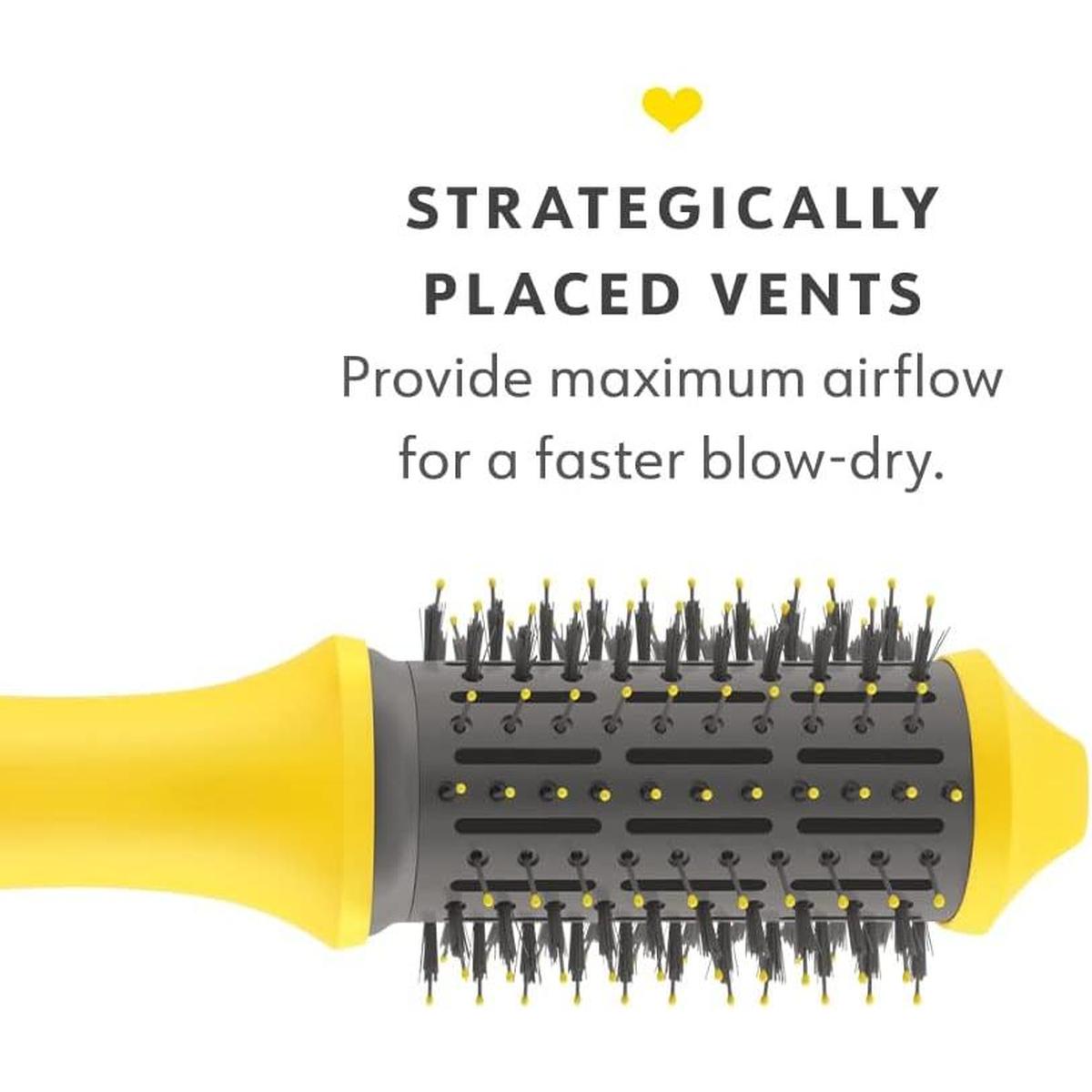Drybar Single Shot blow-dryer brush featuring a 5.7cm grey barrel with yellow-tipped bristles and airflow vents.