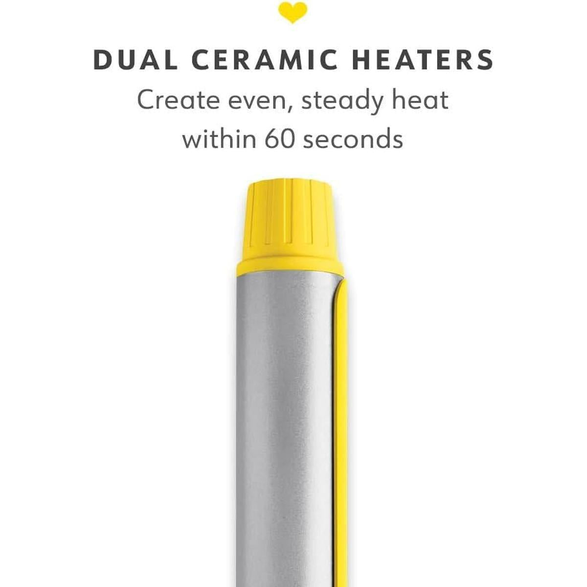 Drybar 3.2cm curling iron barrel with a silver ceramic finish and bright yellow accents against a white background.
