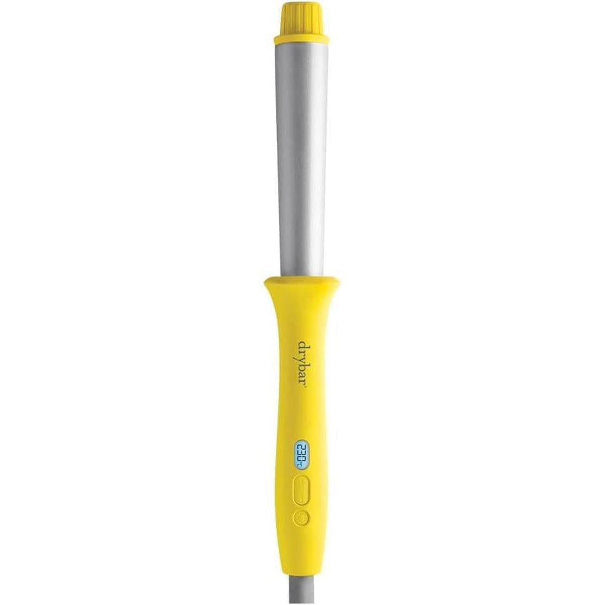 Drybar The Wrap Party styling wand with a silver reverse-taper barrel and bright yellow ergonomic handle with digital display.
