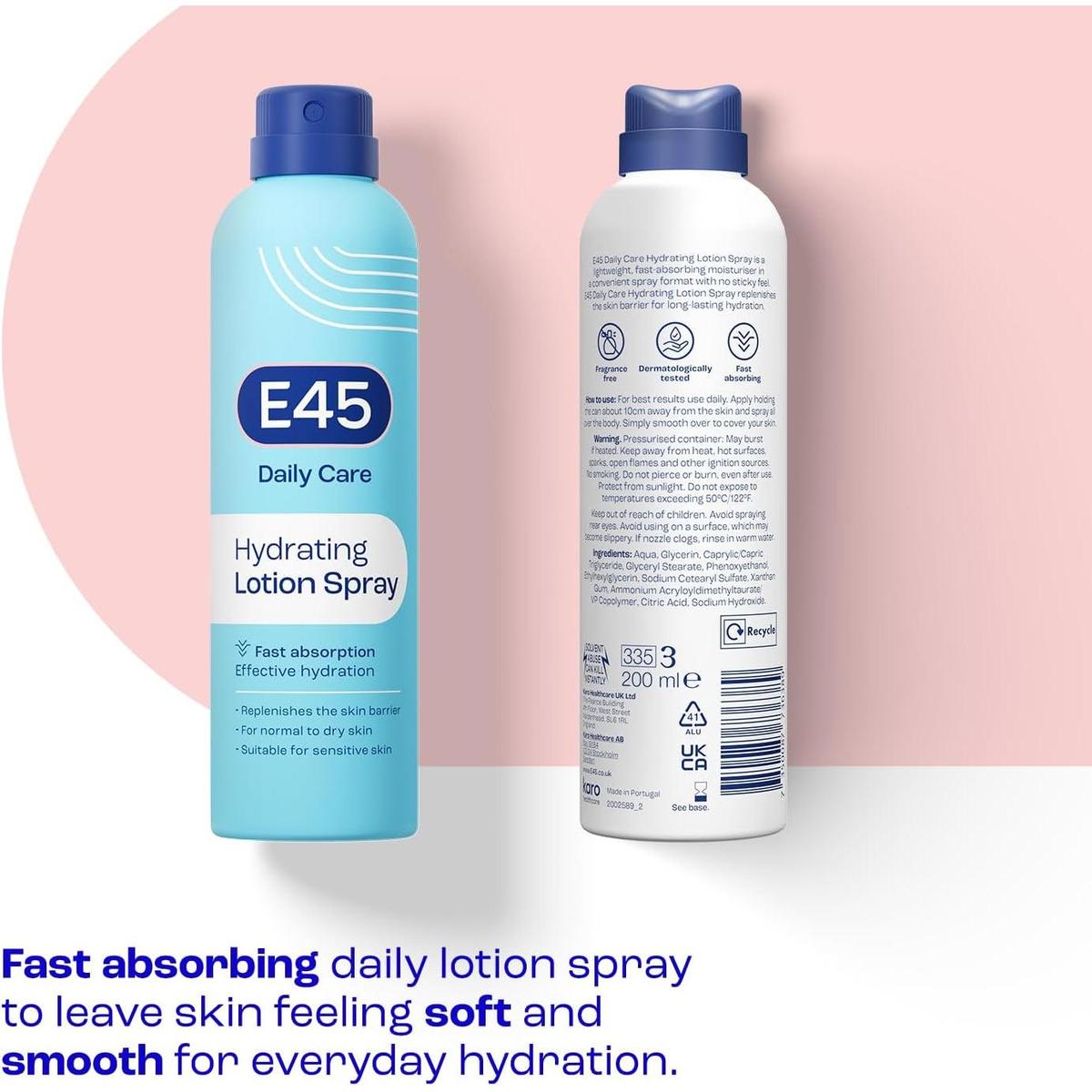 E45 Hydrating Lotion Spray 200ml in a blue aerosol bottle with white text, showing front and back labels on a pink background.
