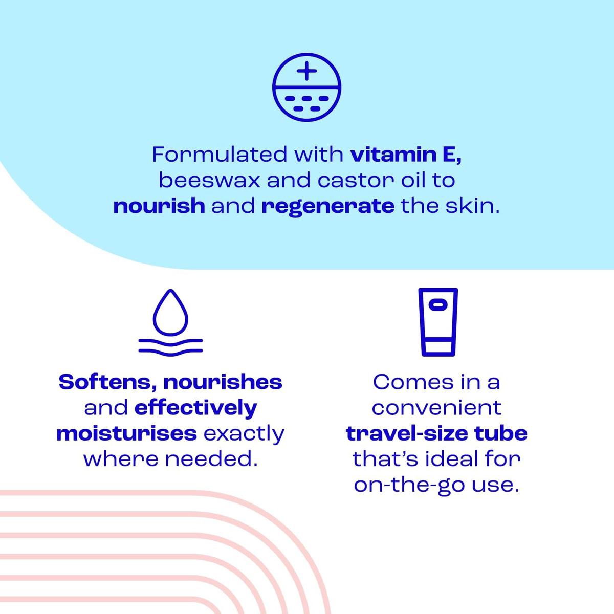Infographic showing E45 lip balm benefits with icons for vitamin E, moisturizing, and travel-size tube on a light blue background.