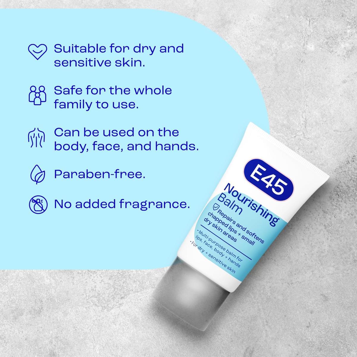 E45 Nourishing Balm tube with blue and white branding, featuring a list of benefits for dry, sensitive skin and lips.