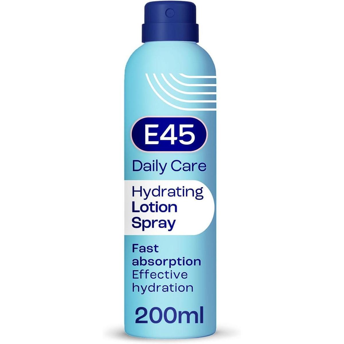 E45 Hydrating Lotion Spray 200ml in a light blue aerosol bottle with a dark blue cap and white text branding.