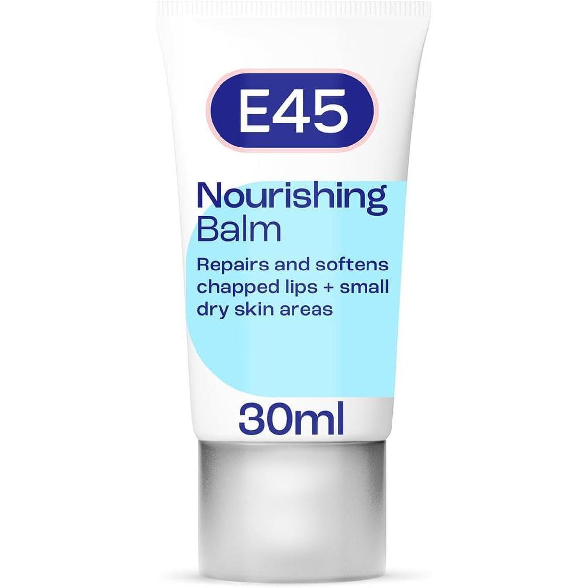 E45 Nourishing Balm 30ml tube in white with blue branding for repairing chapped lips and dry skin patches.
