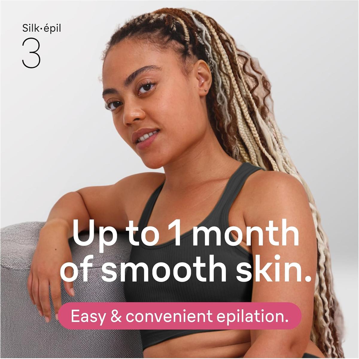 Woman with braided hair posing next to Braun Silk-épil 3 branding for smooth skin epilation.