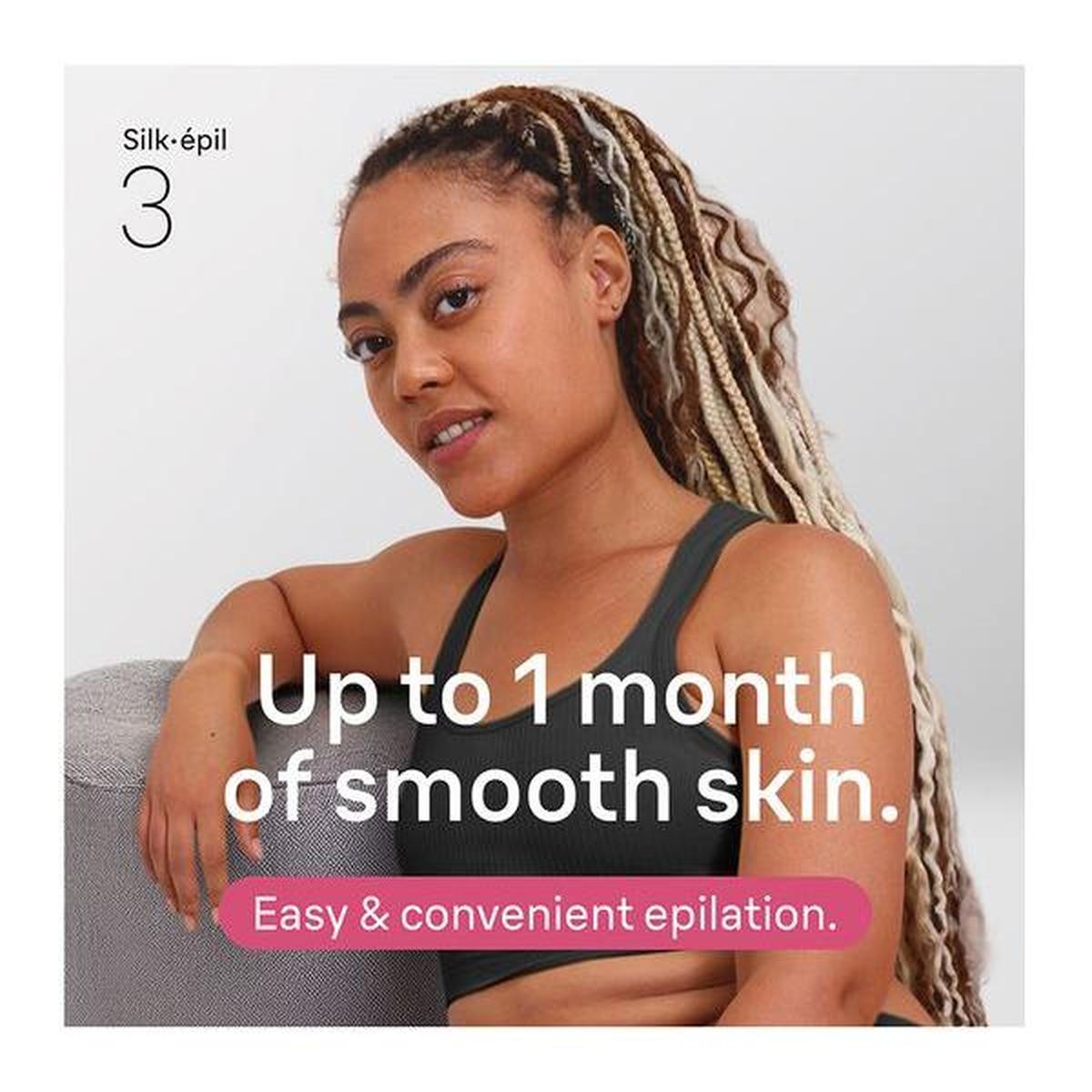 Woman with braided hair posing next to Braun Silk-épil 3 branding promoting smooth skin and easy epilation.
