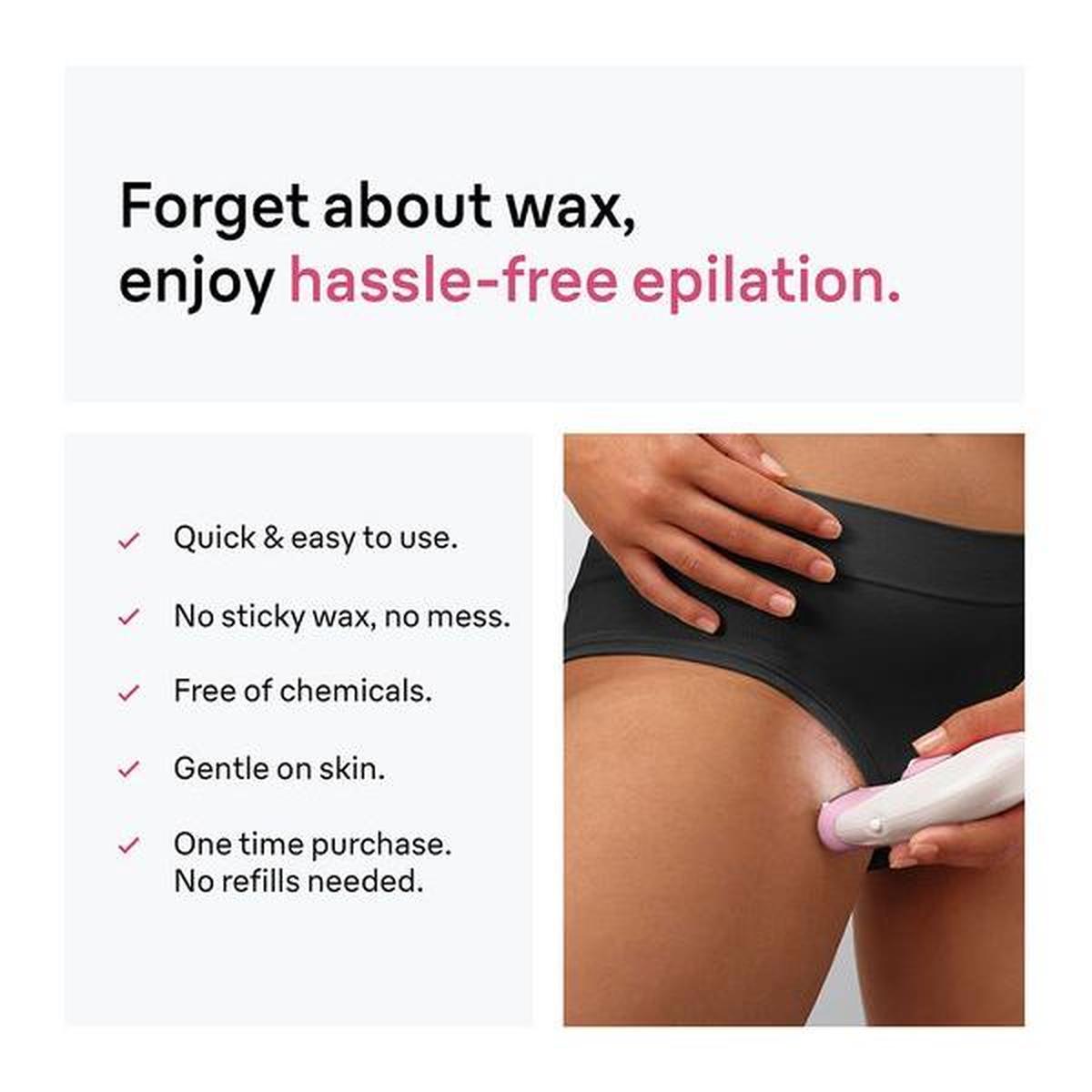 Braun Silk-épil 3 epilator in white and pink being used on a leg, with text highlighting benefits of hassle-free hair removal.