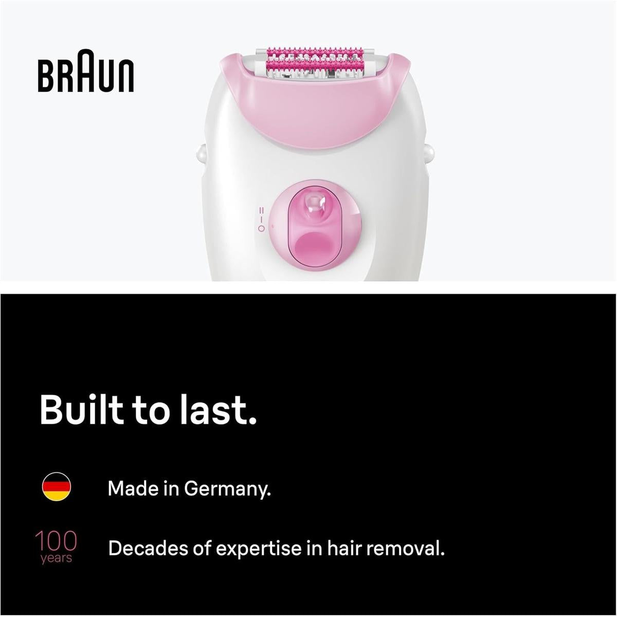 Pink and white Braun Silk-épil 3 corded epilator with massage rollers, featuring German engineering and hair removal expertise.