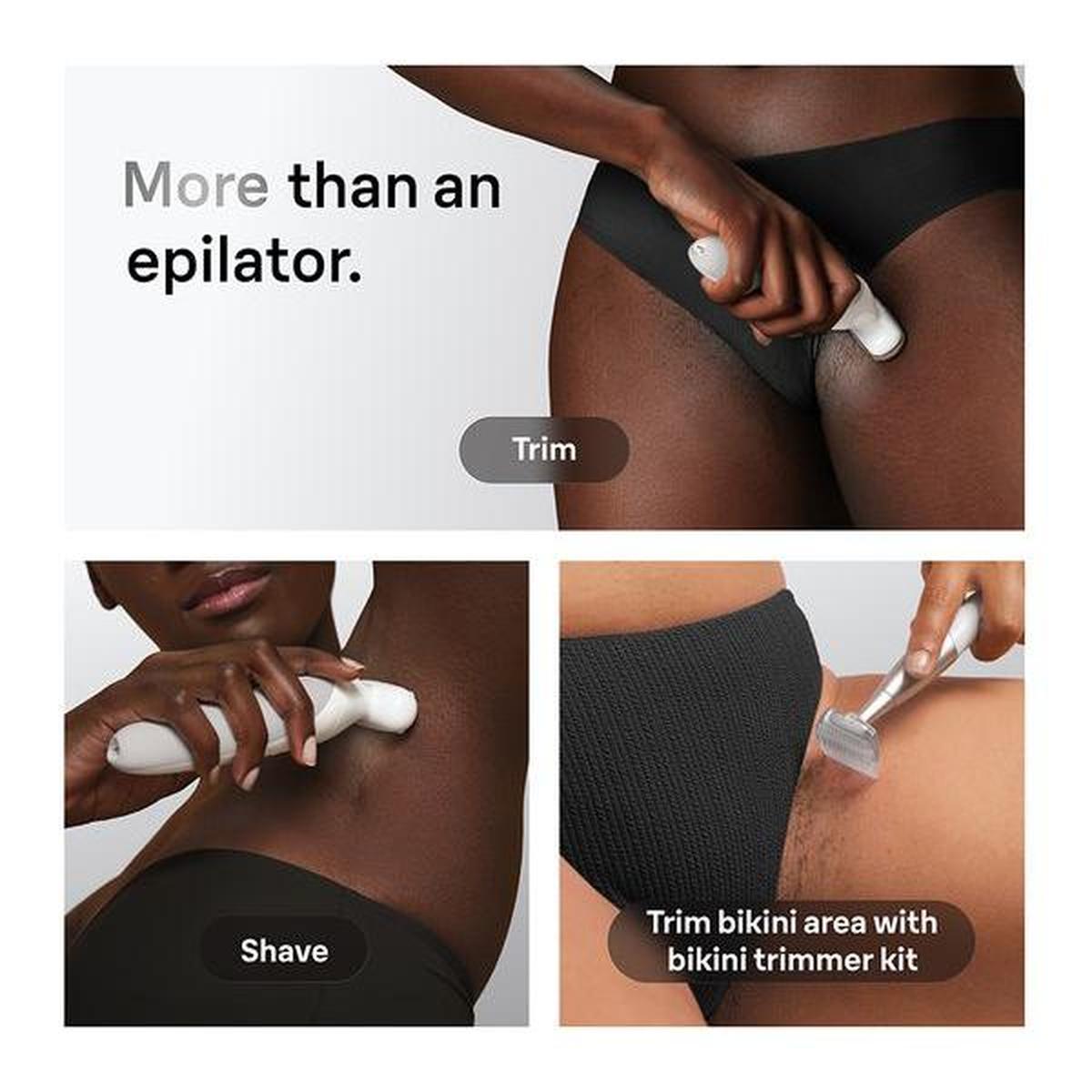 Braun Silk-épil 9 silver epilator being used to shave and trim bikini and underarm areas for smooth skin.
