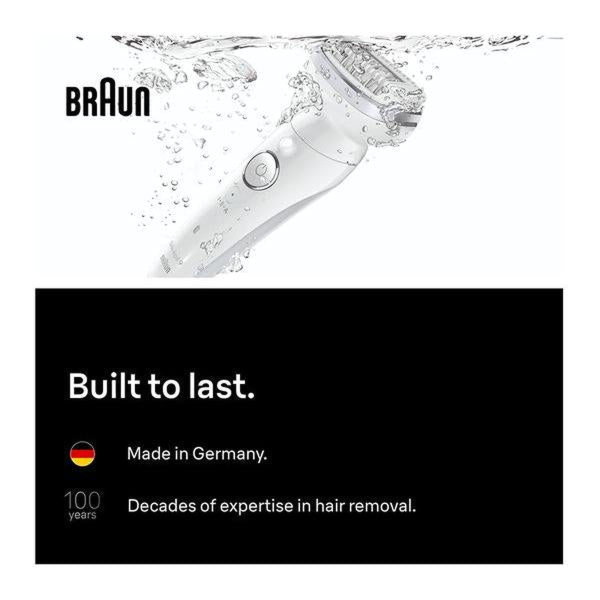Braun Silk-épil 9 silver wet and dry epilator with a pivoting head, shown splashing in water to highlight its waterproof design.