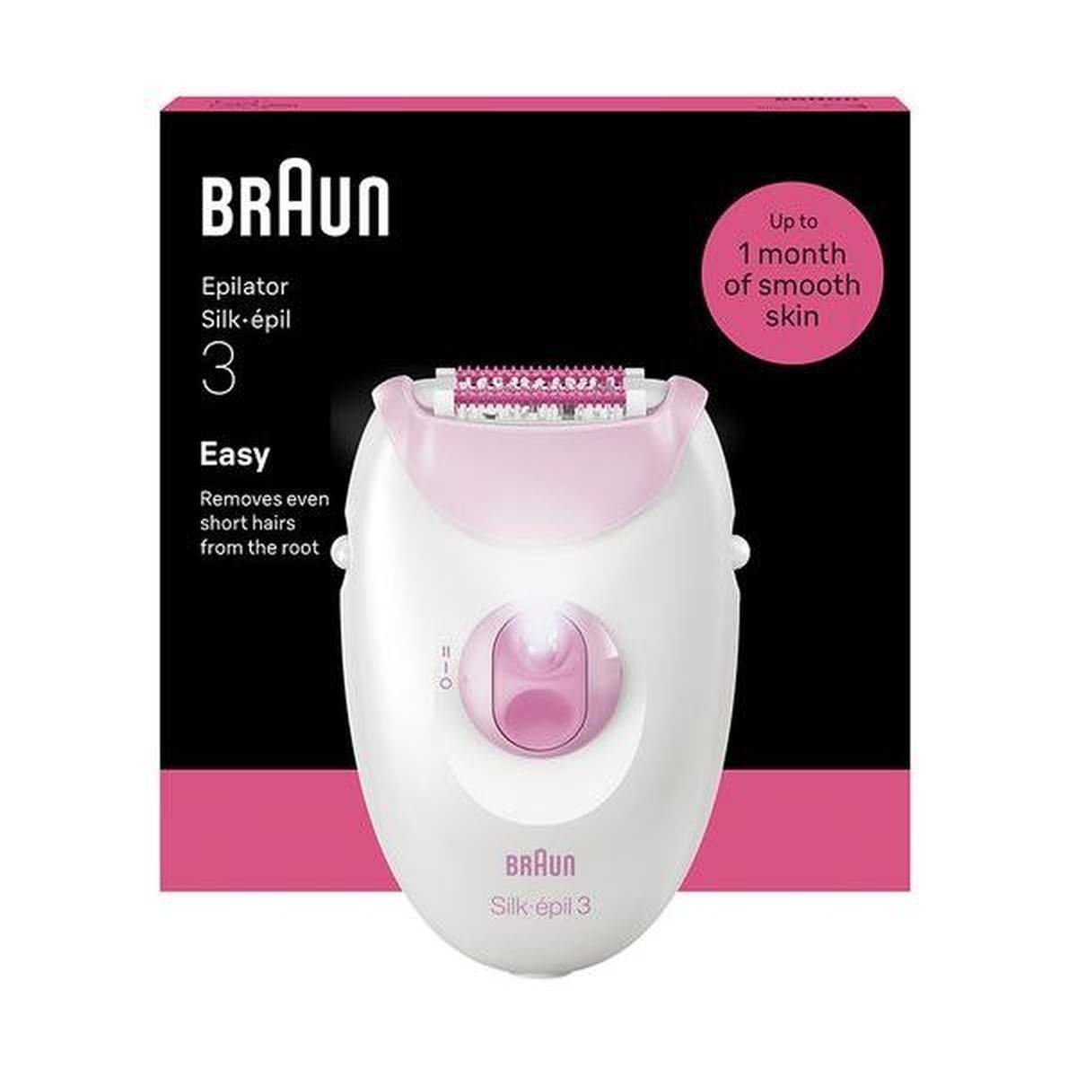 White and pink Braun Silk-épil 3 corded epilator with massage rollers and smart light, displayed against its product box.