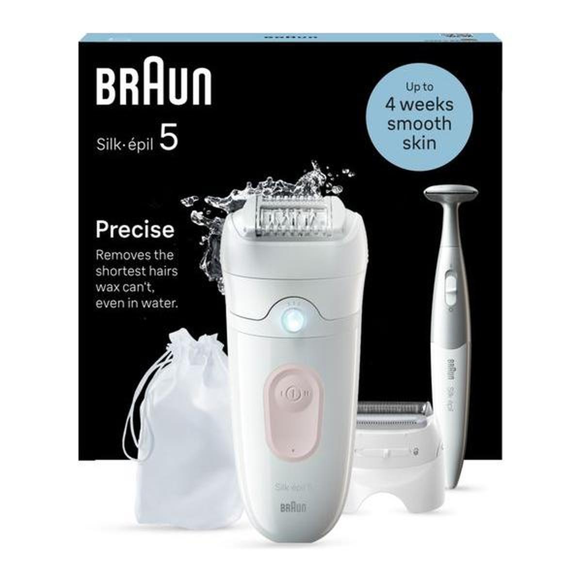 Braun Silk-épil 5 white and flamingo epilator with attachments, storage pouch, and packaging box.