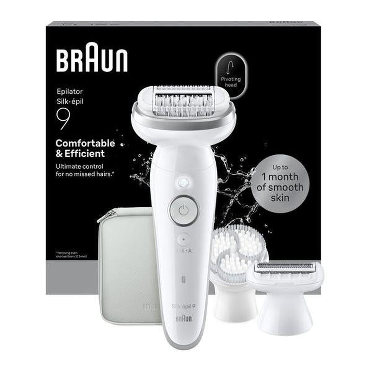 Braun Silk-épil 9 silver wet and dry epilator with pivoting head, shaver attachment, and storage pouch in retail packaging.
